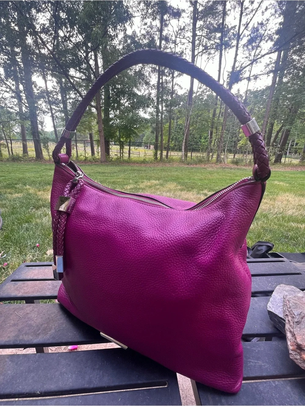Michael Kors Fuchsia Pebbled Leather Hobo with Braided Strap